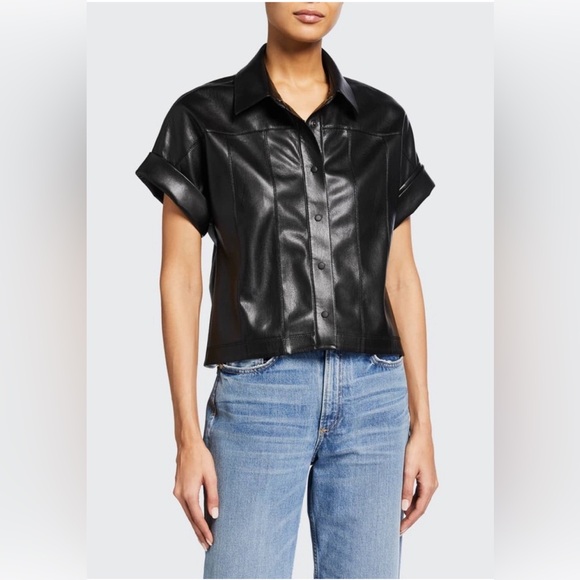 alice + olivia edyth vegan leather top | collared cropped button down | size XS - Picture 1 of 13